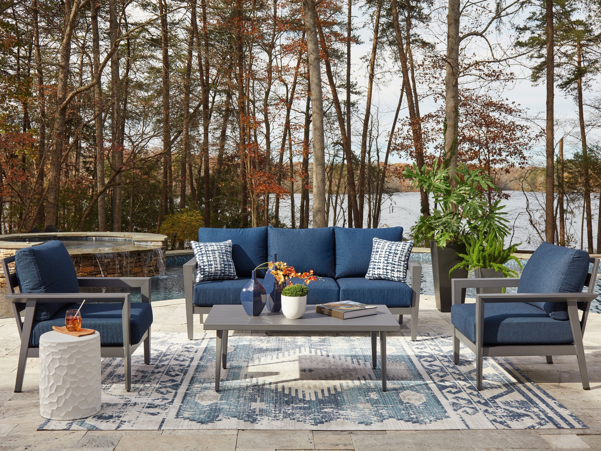 Ocala Furniture Outlet - Ashley Furniture - Gali Outdoor - Sofa/Chairs/Table Set (4/CN) / Gray/Blue - P275-081