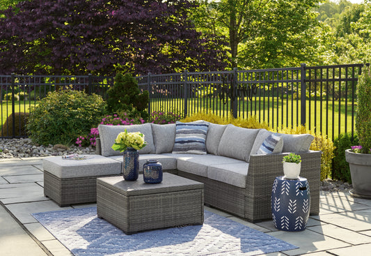 Ocala Furniture Outlet - Ashley Furniture - Petal Road Outdoor - LoveseatSEC/OTTO/TBL Set(4/CN) / Gray - P297-070