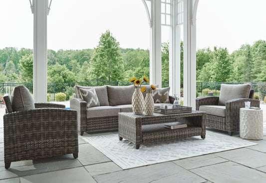 Ocala Furniture Outlet - Ashley Furniture - Oasis Court Outdoor - Sofa/Chairs/Table Set (4/CN) / Gray - P335-081