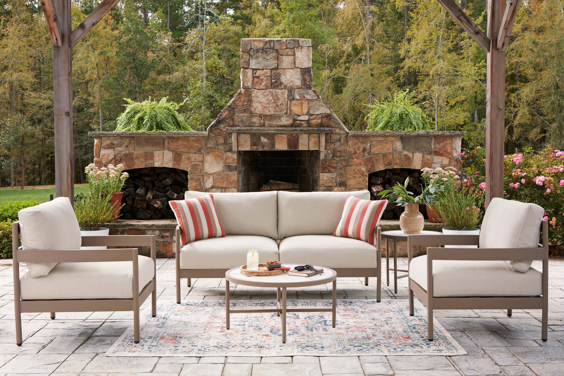 Ocala Furniture Outlet - Ashley Furniture - Bluff Trail Outdoor - Love/Chairs/Tables Set (5/CN) - PCP383-080