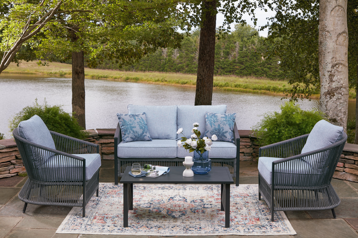 Ocala Furniture Outlet - Ashley Furniture - Bridges Beach Outdoor - Love/Chairs/Table Set (4/CN) / Gray - PCP391-080