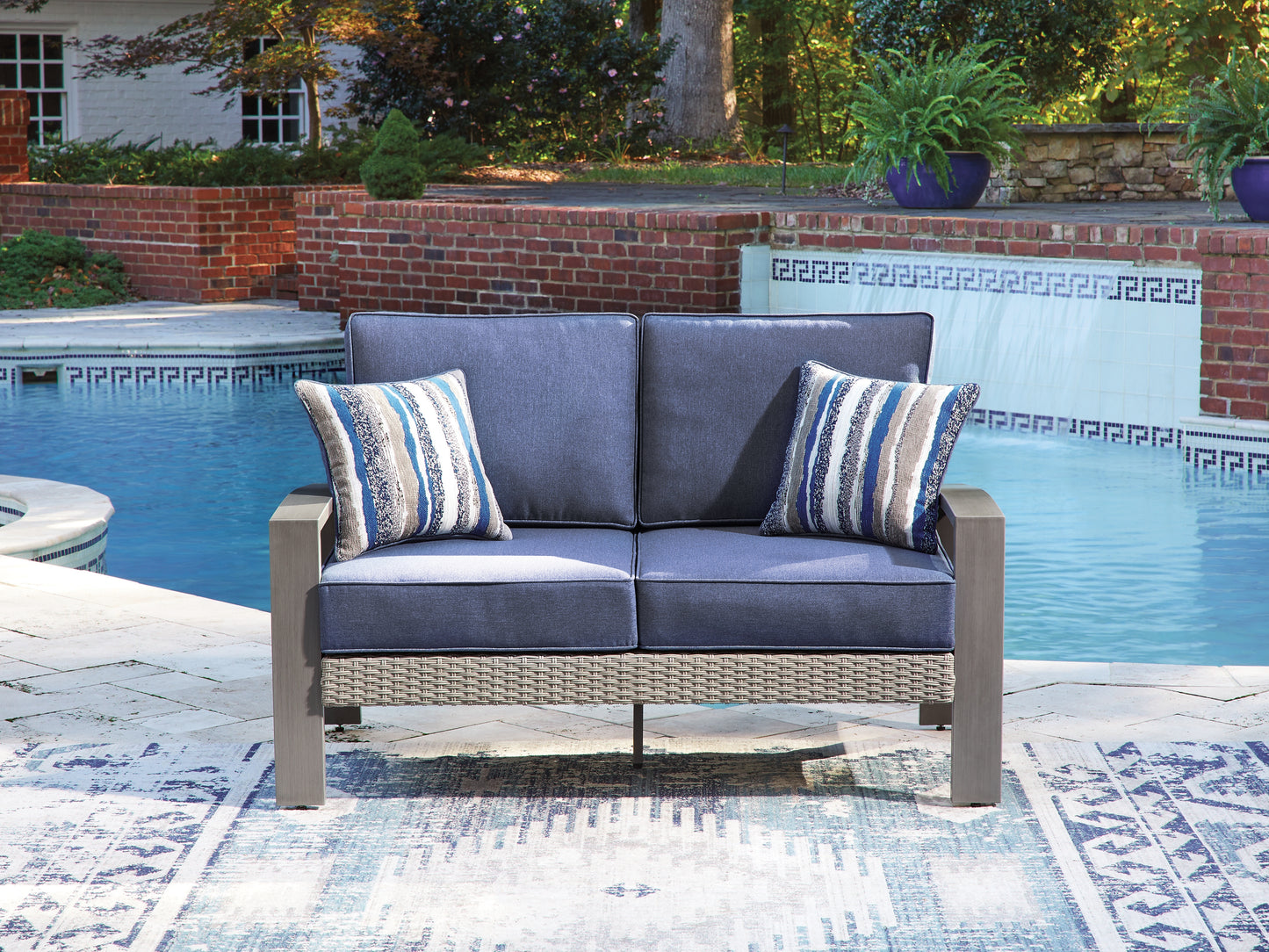 Ocala Furniture Outlet - Ashley Furniture - Half Moon Beach Outdoor - Loveseat w/Cushion / Blue/Gray - PCP418-835