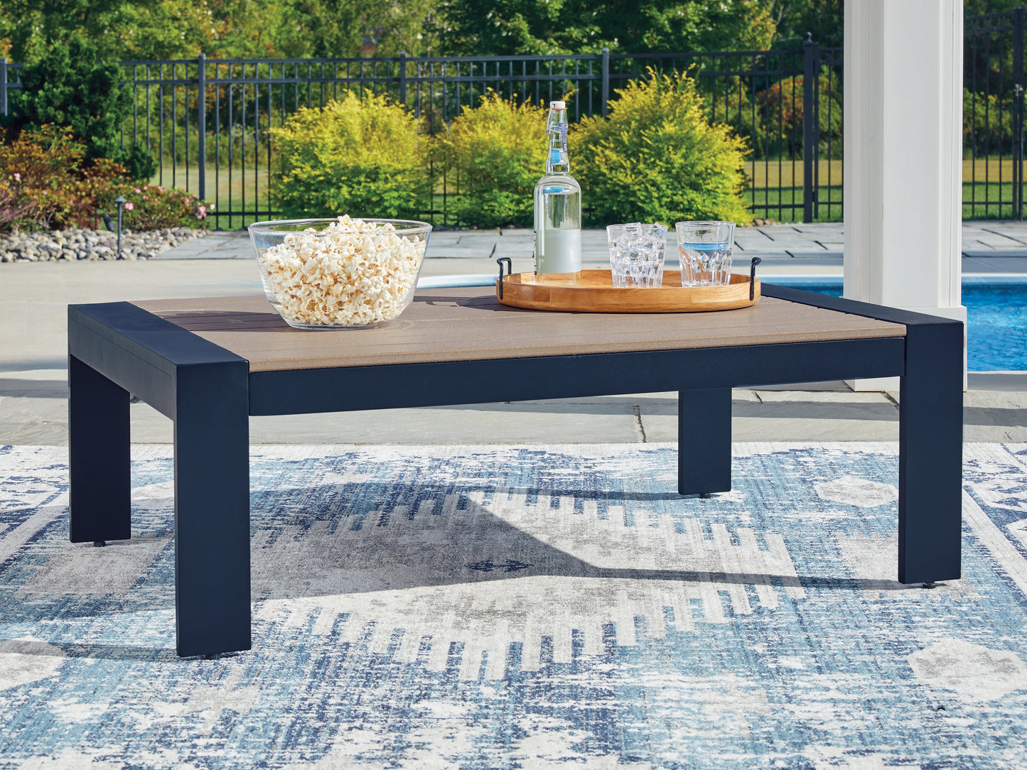 Ocala Furniture Outlet - Ashley Furniture - East Beach Outdoor - Rectangular Cocktail Table / Navy Blue/Driftwood - PCP587-701