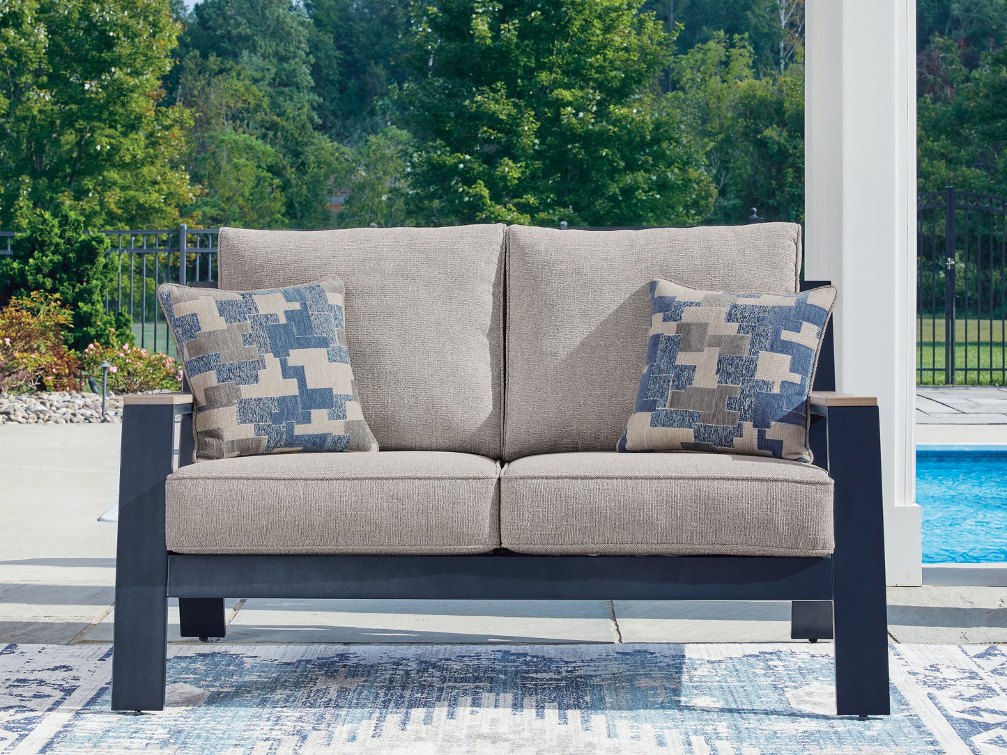 Ocala Furniture Outlet - Ashley Furniture - East Beach Outdoor - Loveseat w/Cushion / Navy Blue/Driftwood - PCP587-835
