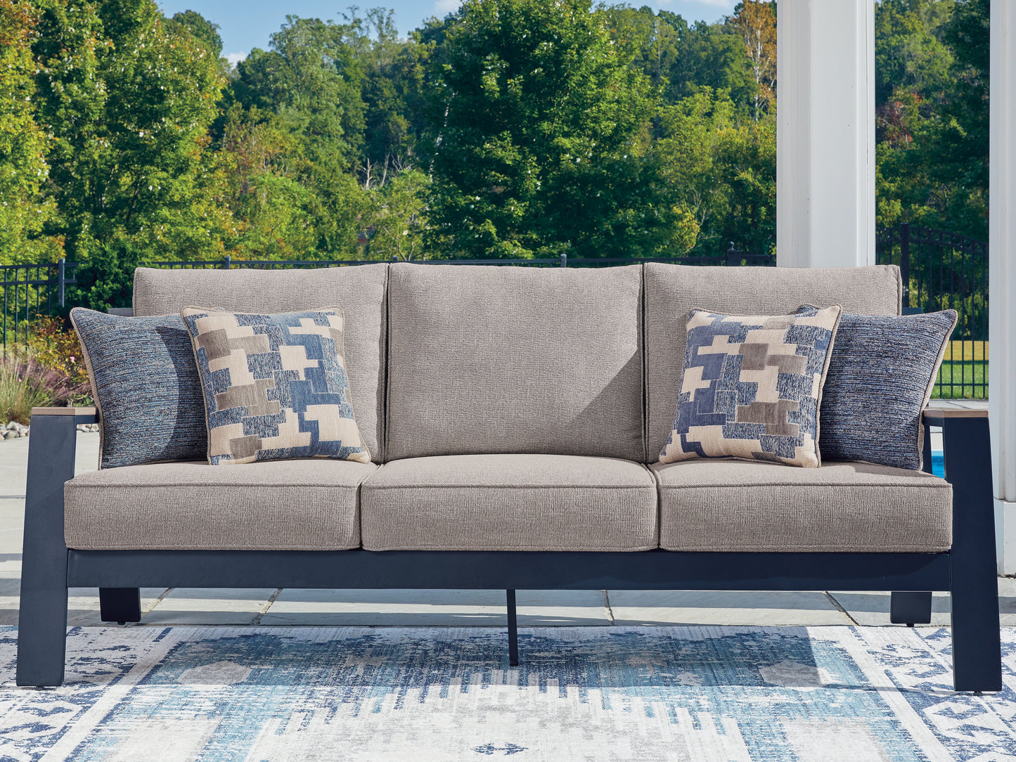 Ocala Furniture Outlet - Ashley Furniture - East Beach Outdoor - Sofa with Cushion / Navy Blue/Driftwood - PCP587-838