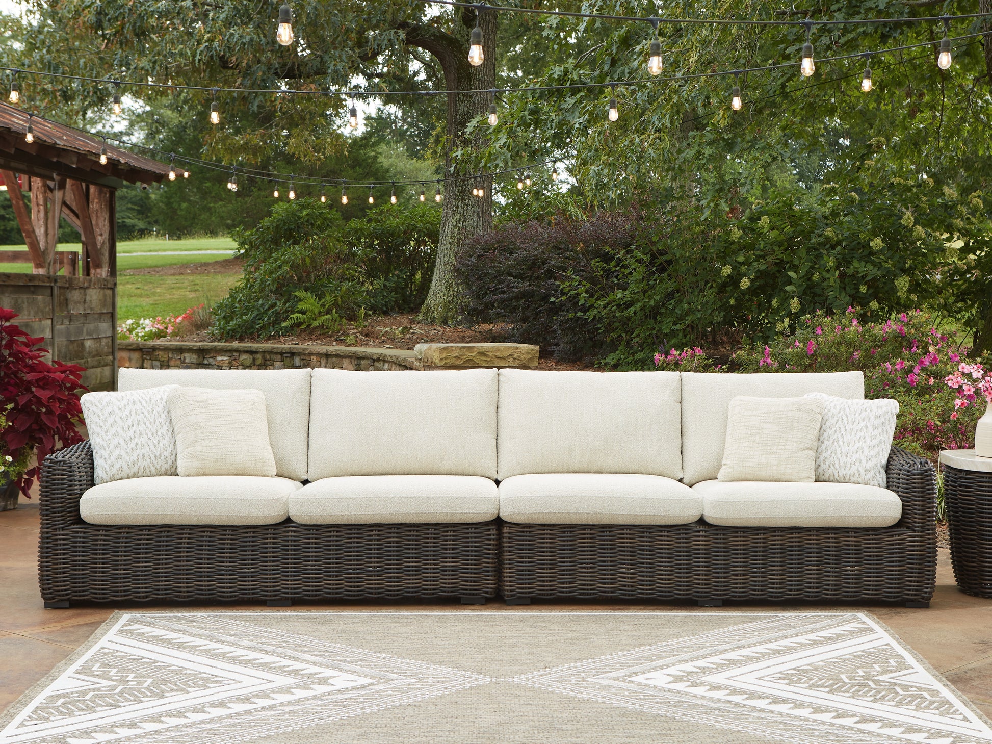 Ocala Furniture Outlet - Ashley Furniture - Kimora Outdoor - RAF/LAF Loveseat w/CUSH (Set of 2) / Beige/Dark Brown - P711-854