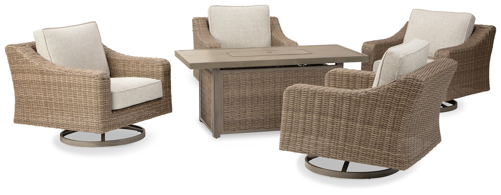Ocala Furniture Outlet - Ashley Furniture - Beachcroft Outdoor - 5-Piece Outdoor Fire Pit Table with 4 Chairs / Beige - P791P17