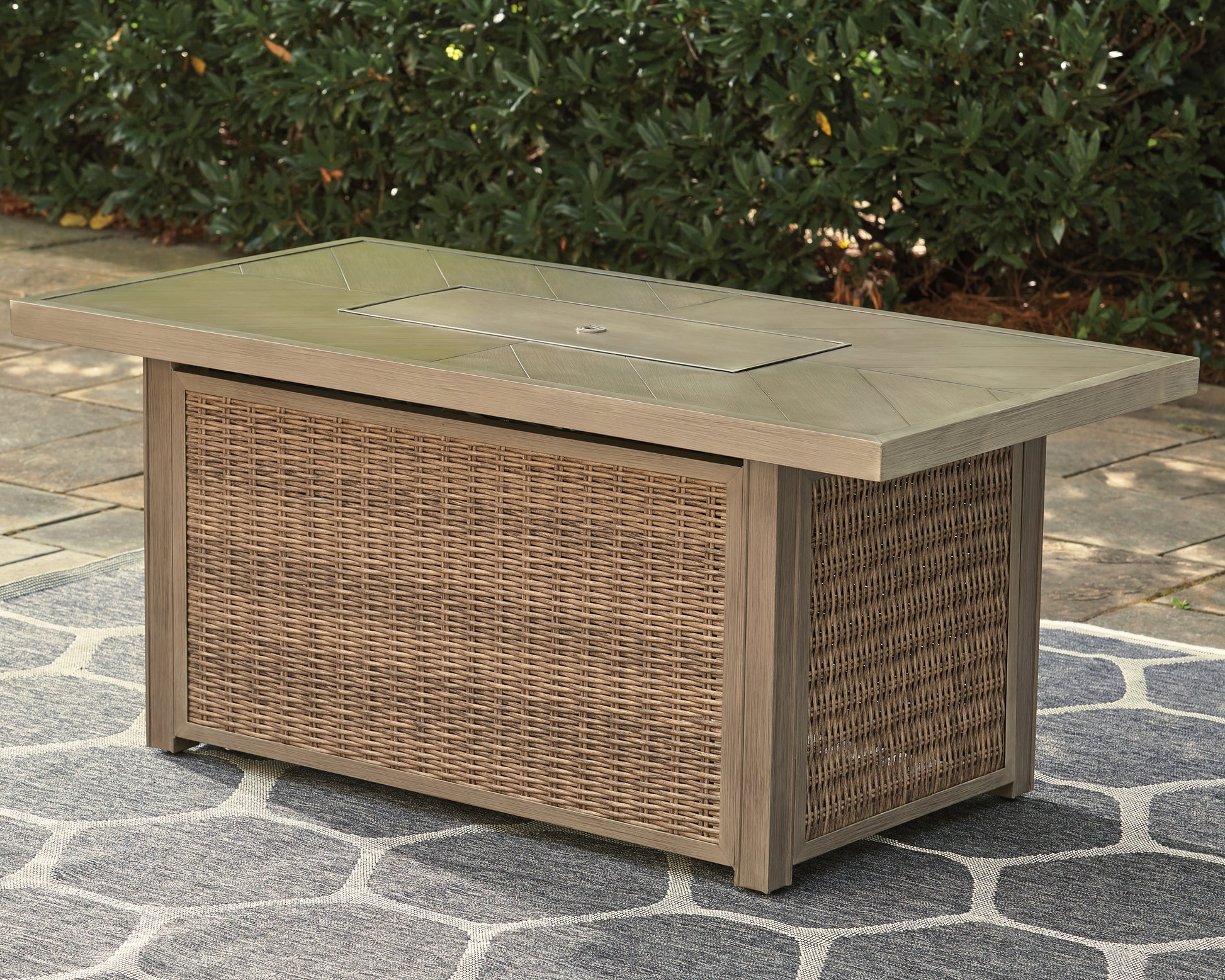 Ocala Furniture Outlet - Ashley Furniture - Beachcroft Outdoor - Rectangular Fire Pit Table / Beige - P791-773