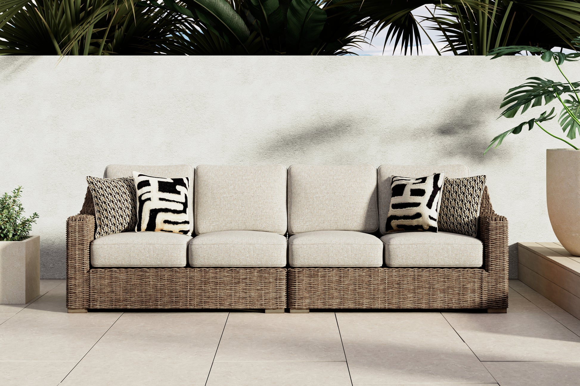 Ocala Furniture Outlet - Ashley Furniture - Beachcroft Outdoor - RAF/LAF Loveseat w/CUSH (Set of 2) / Beige - P791-854