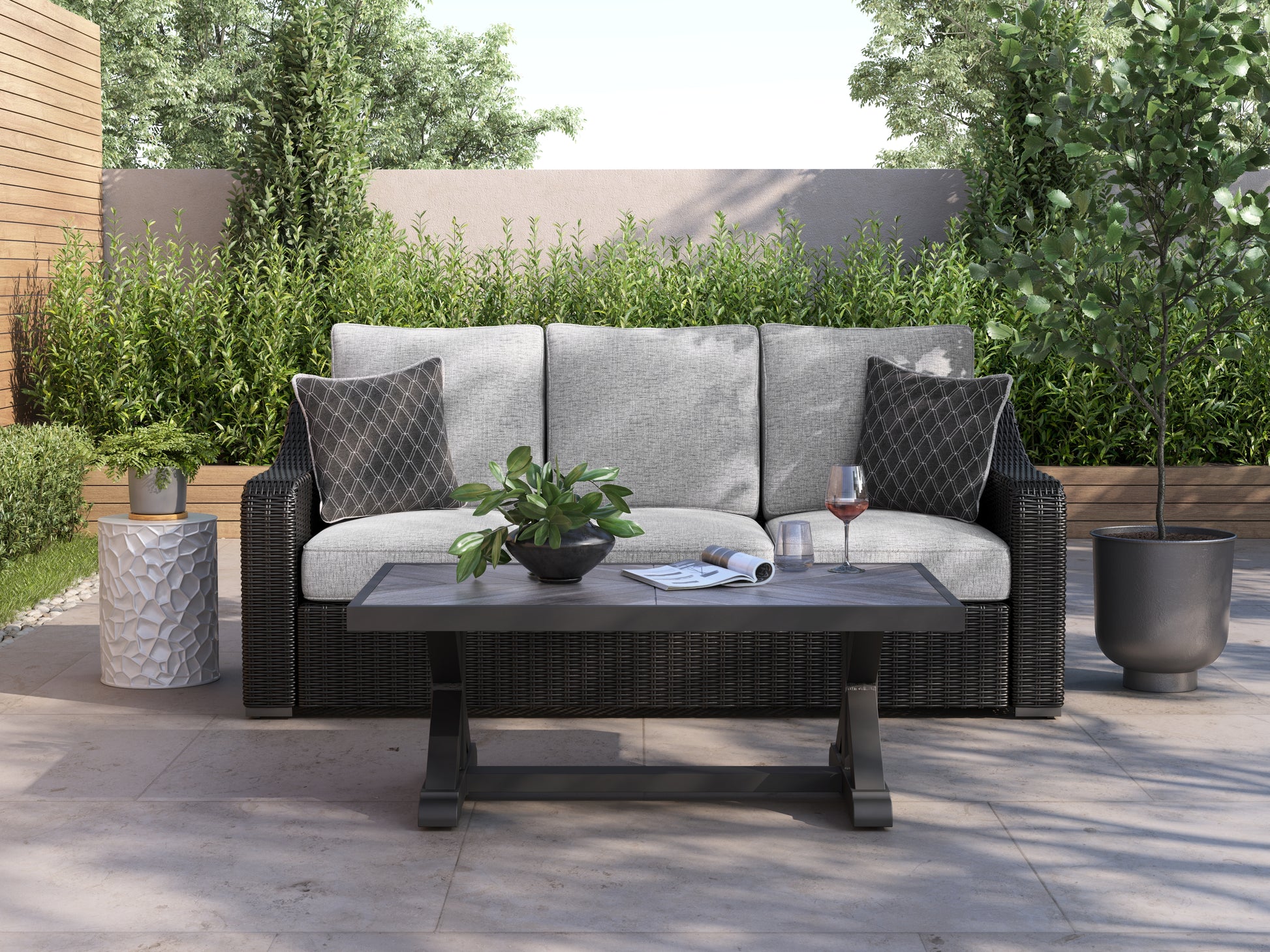Ocala Furniture Outlet - Ashley Furniture - Beachcroft Outdoor - Sofa with Cushion / Black/Light Gray - P792-838