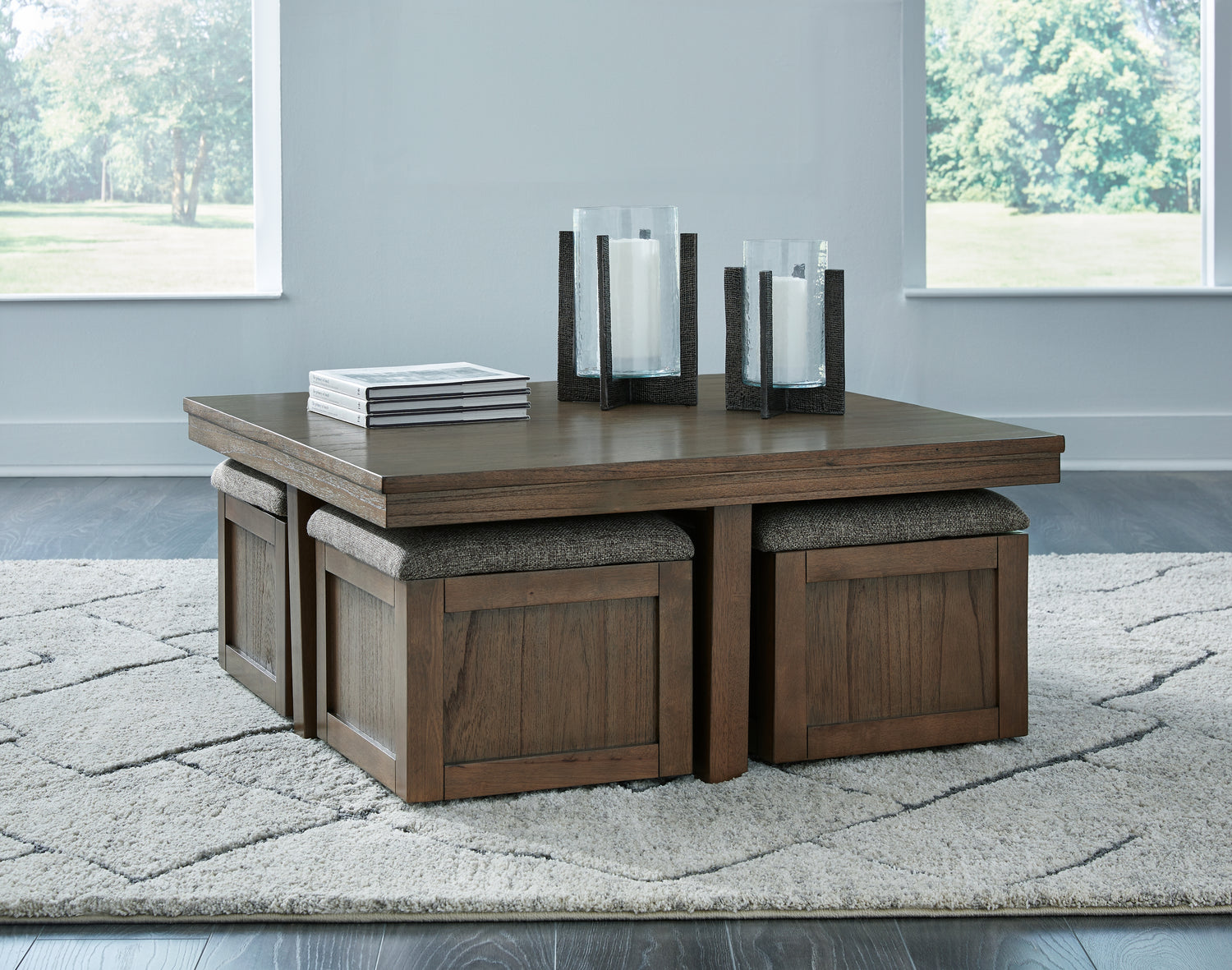 Ocala Furniture Outlet - Ashley Furniture - Boardernest Coffee Table with 4 Stools - Cocktail TBL w/4 Stools (5/CN) / Brown - T738-20