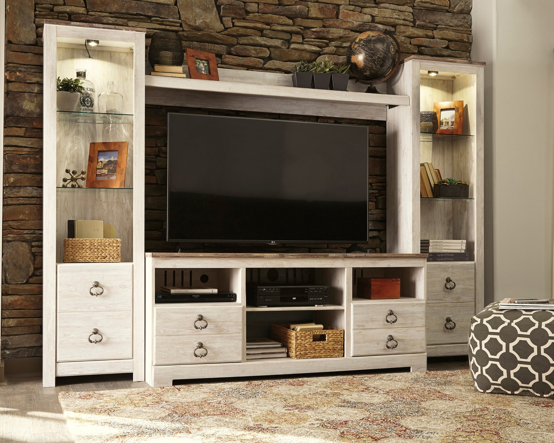 Ocala Furniture Outlet - Ashley Furniture - Willowton Entertainment Center - 4-Piece Entertainment Center / Whitewash - W267W3