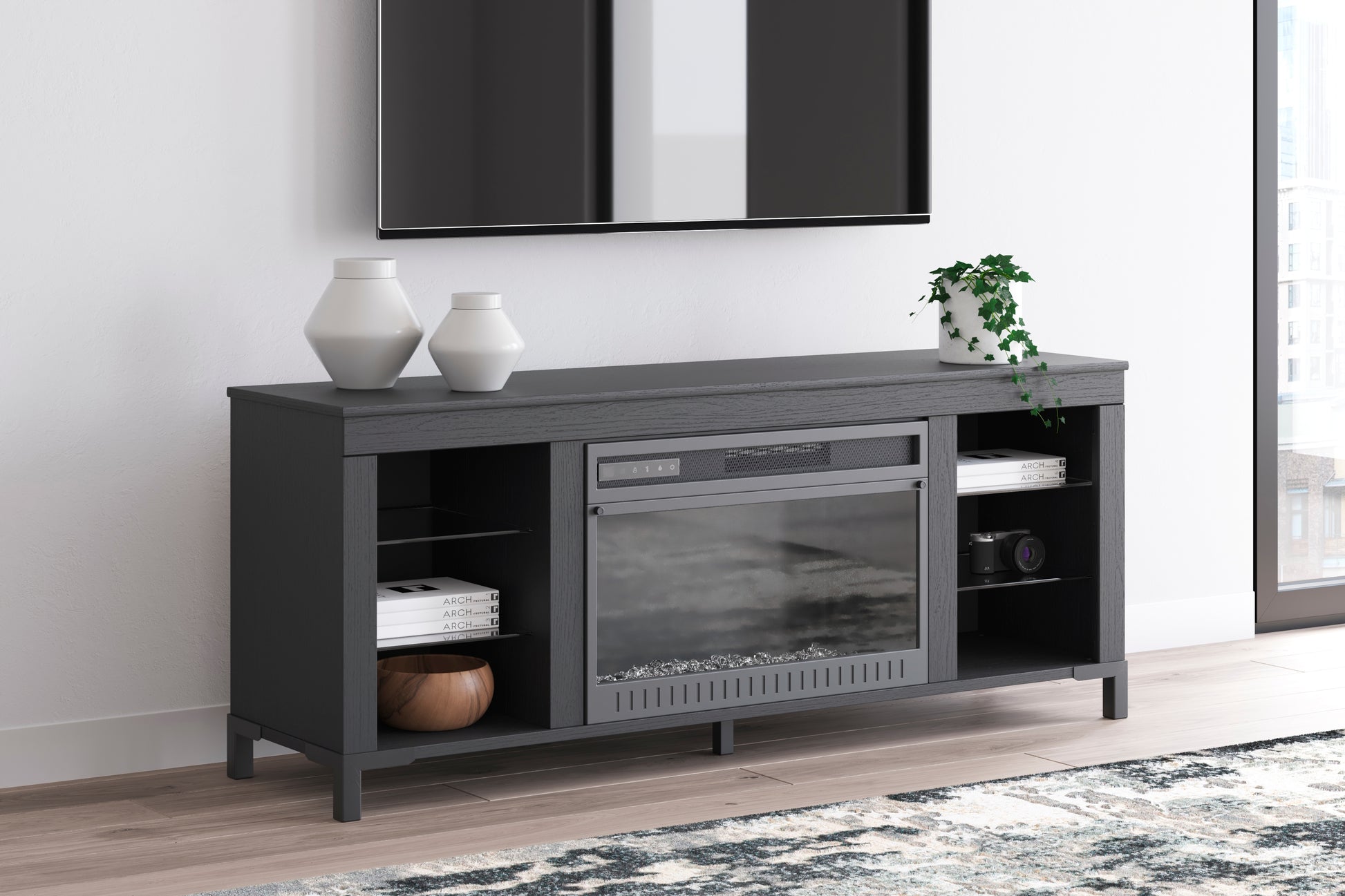 Ocala Furniture Outlet - Ashley Furniture - Cayberry TV Stand - 60" with Electric Fireplace / Black - W2721-168