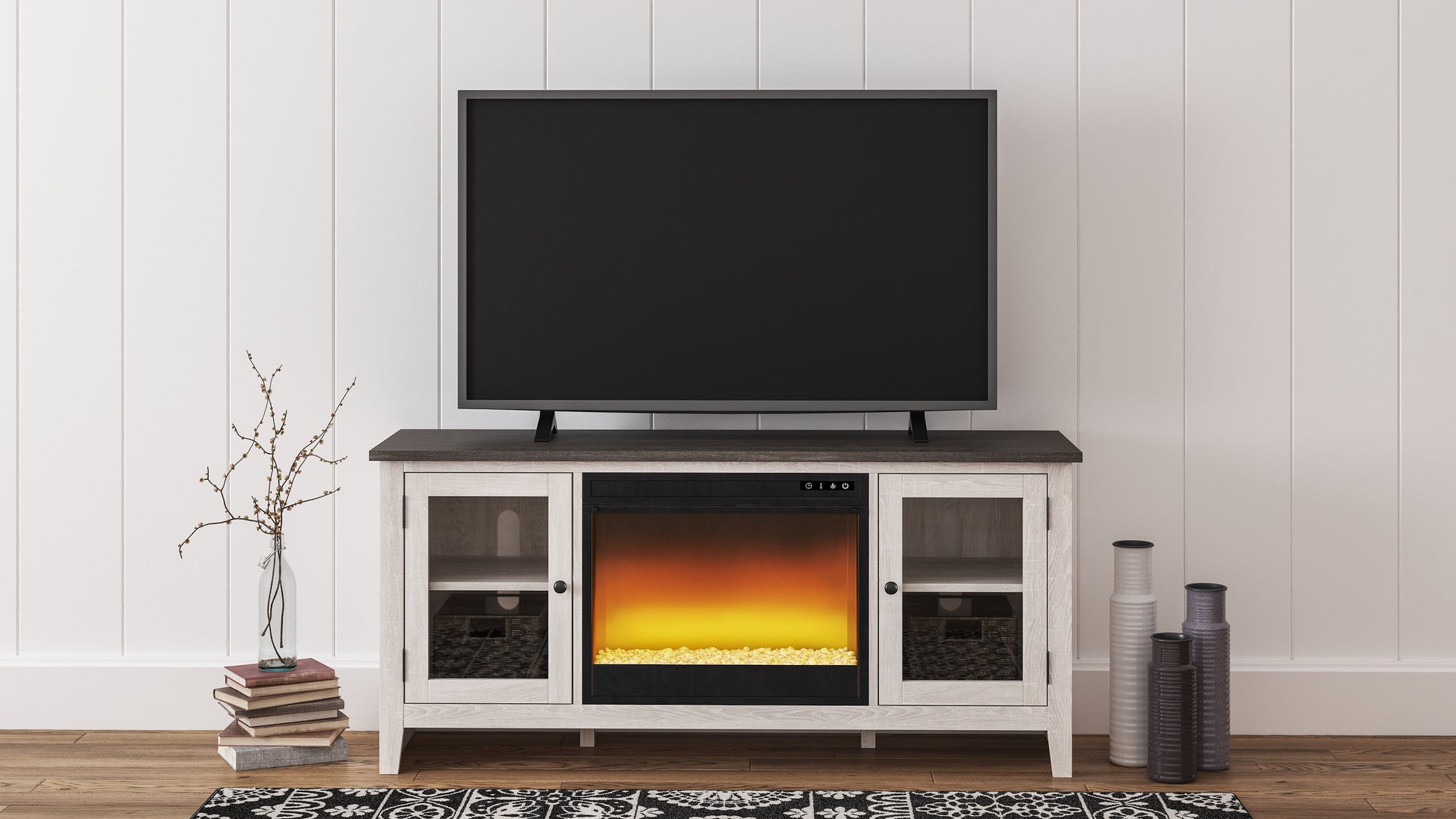 Ocala Furniture Outlet - Ashley Furniture - Dorrinson 60" TV Stand with Electric Fireplace - 60" TV Stand with Electric Fireplace / Two-tone - W287W2