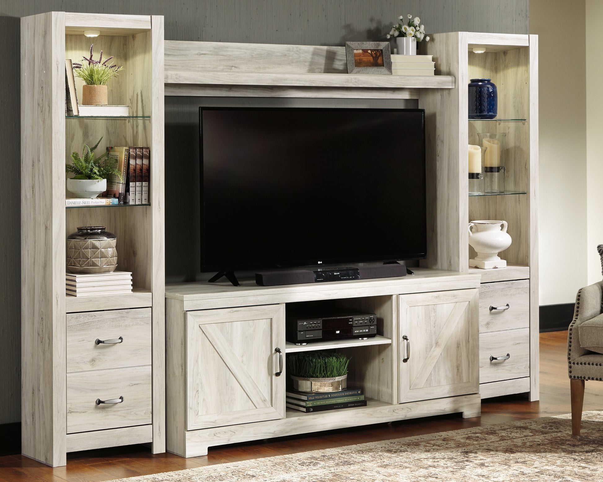 Ocala Furniture Outlet - Ashley Furniture - Bellaby Entertainment Center - 4-Piece Entertainment Center / Whitewash - W331W2