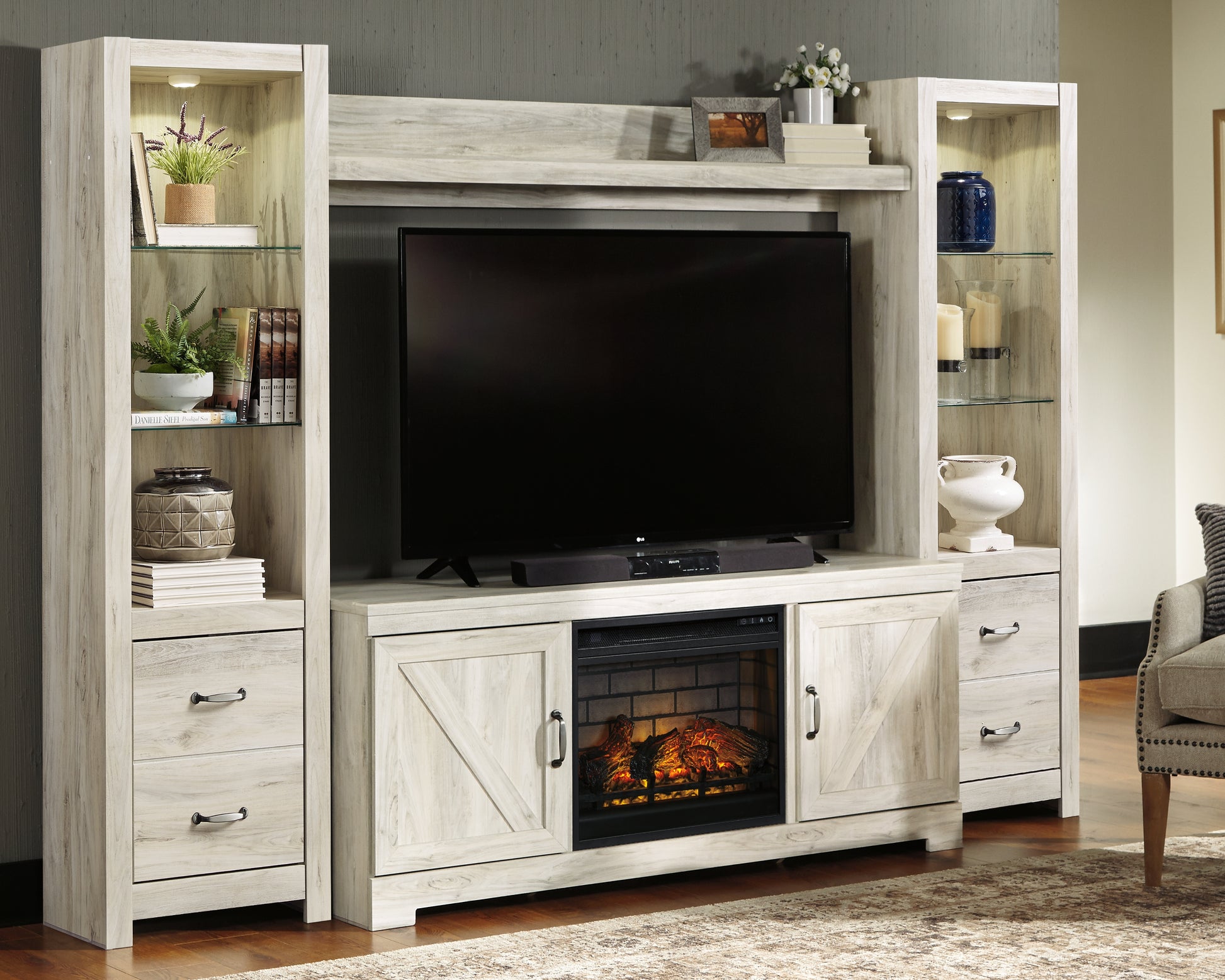 Ocala Furniture Outlet - Ashley Furniture - Bellaby 4-Piece Entertainment Center with Electric Fireplace - 4-Piece Entertainment Center with Electric Fireplace / Whitewash - W331W8