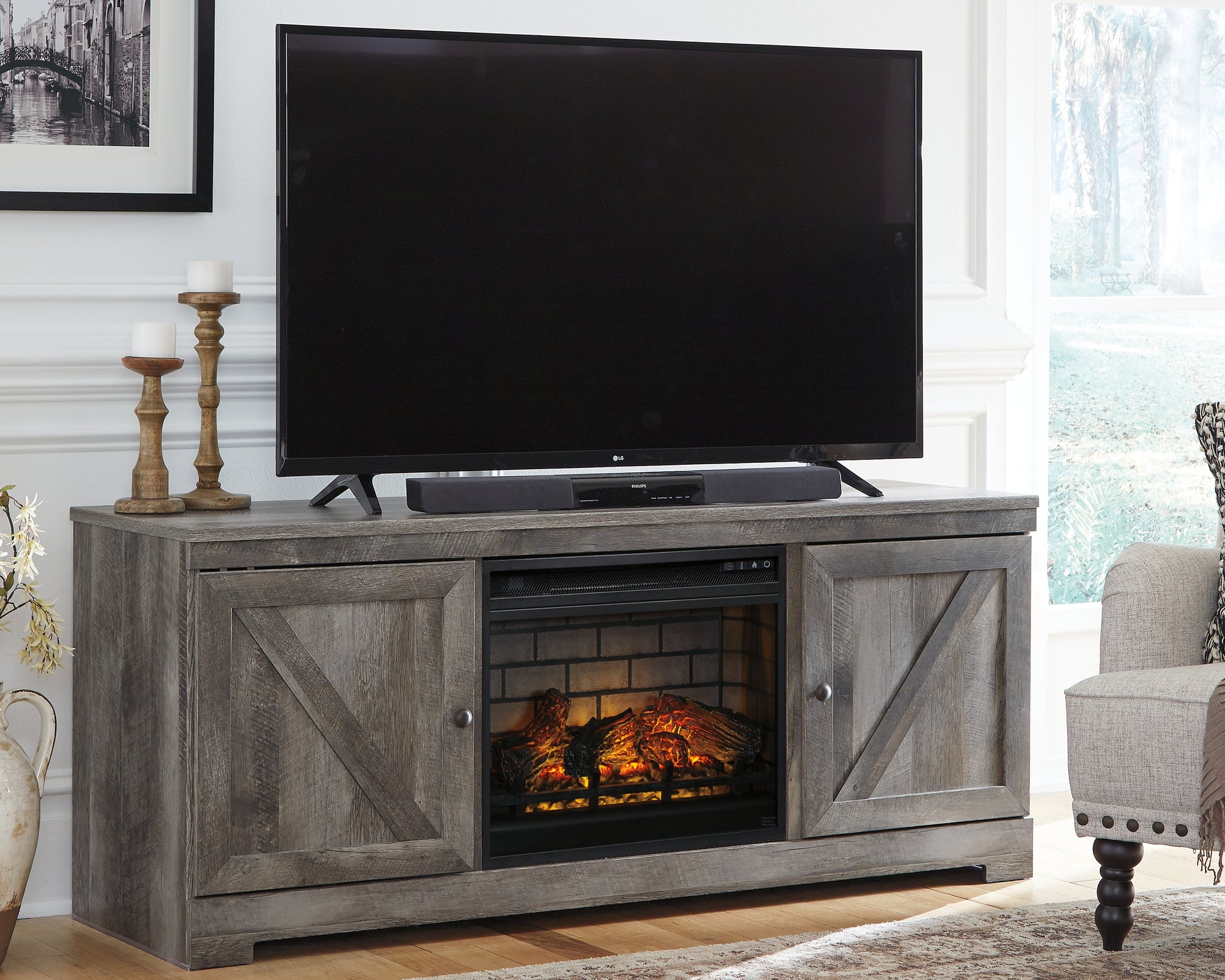 Ocala Furniture Outlet - Ashley Furniture - Wynnlow 63" TV Stand with Electric Fireplace - 63" TV Stand with Electric Fireplace / Gray - W440W9