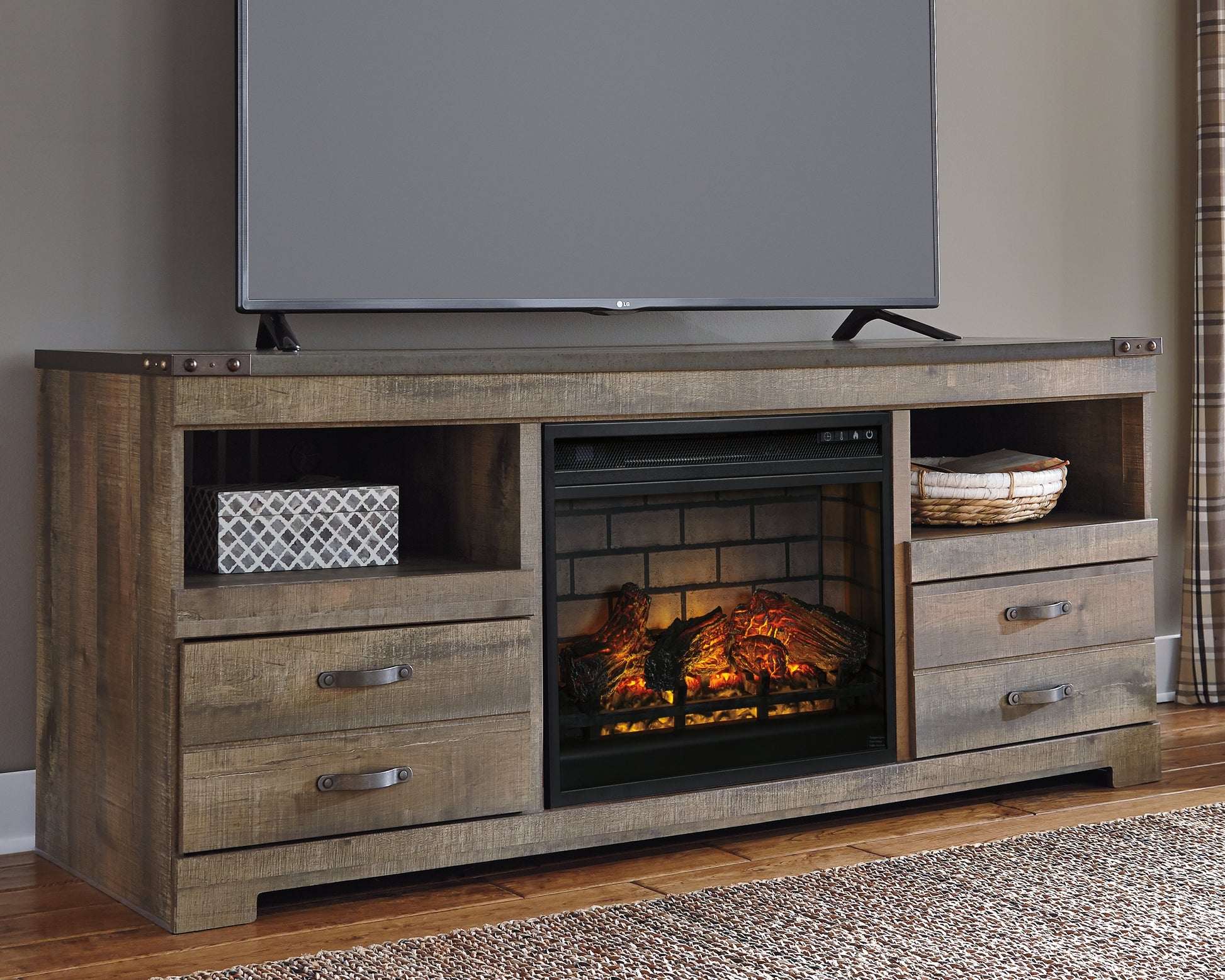 Ocala Furniture Outlet - Ashley Furniture - Trinell 63" TV Stand with Electric Fireplace - 63" TV Stand with Electric Fireplace / Brown - W446W9