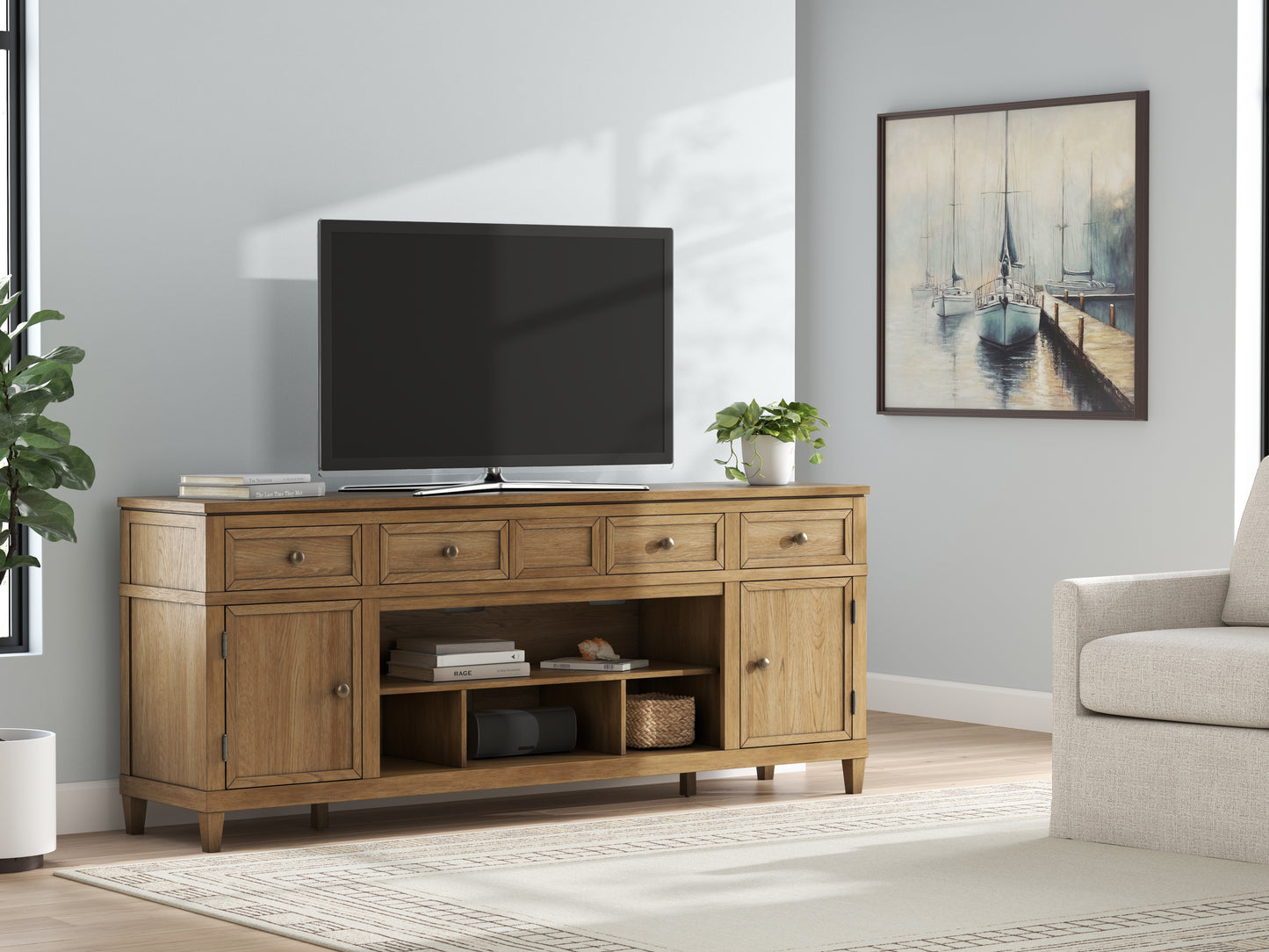 Ocala Furniture Outlet - Ashley Furniture - Sharlance 81" TV Stand - 81" / Light Brown - W655-68