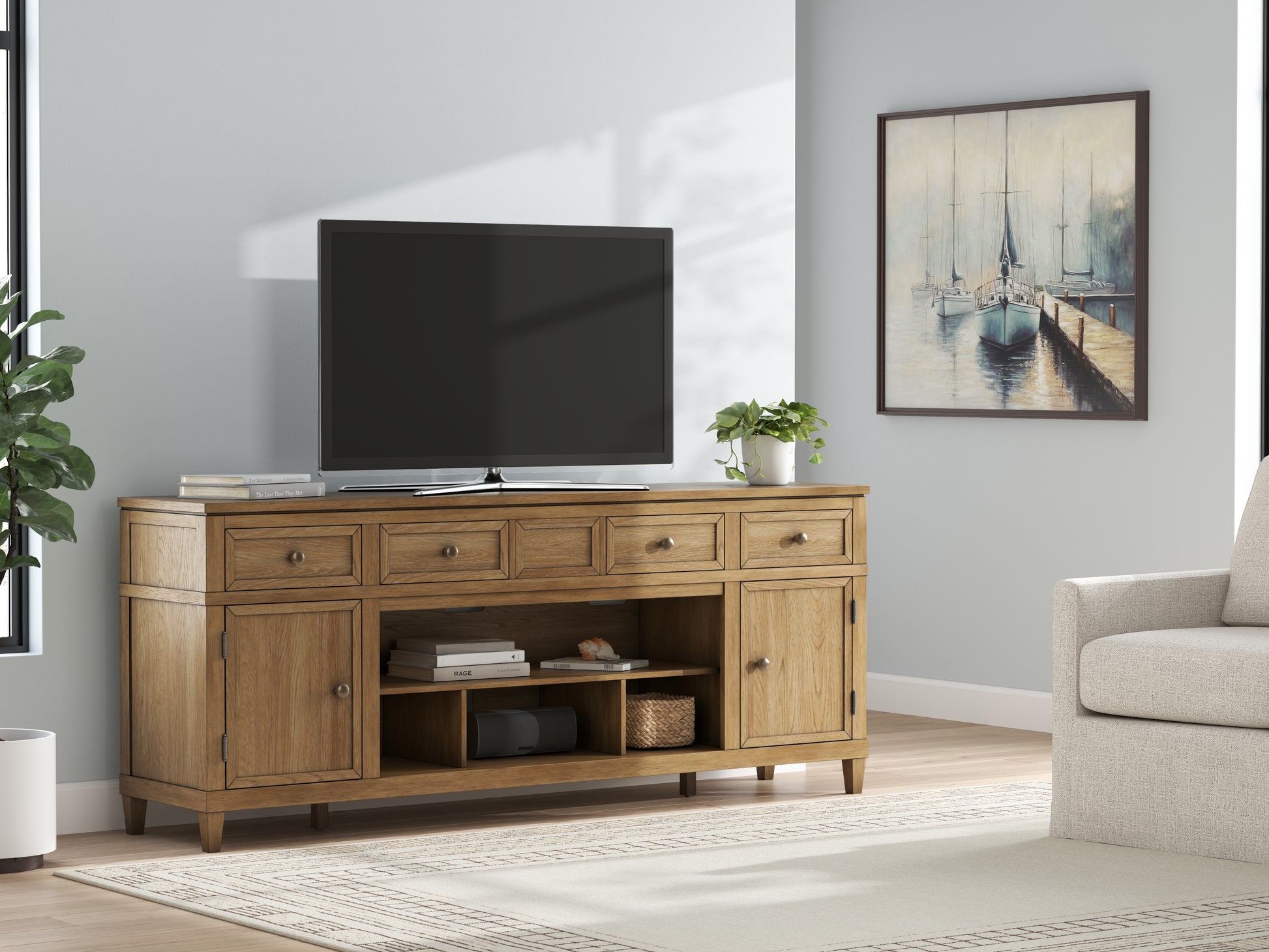 Ocala Furniture Outlet - Ashley Furniture - Sharlance 81" TV Stand - 81" / Light Brown - W655-68