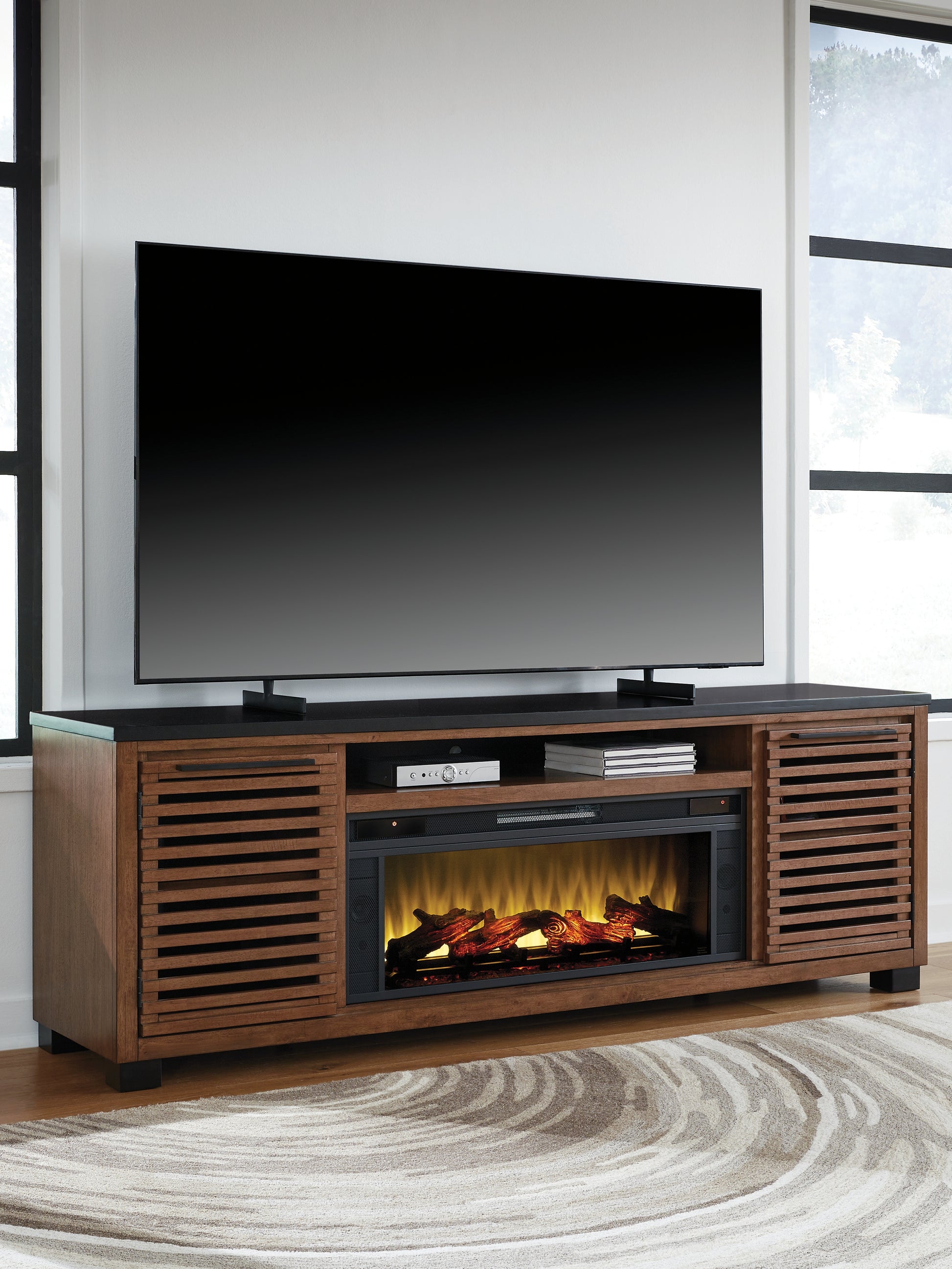 Ocala Furniture Outlet - Ashley Furniture - Kallari 84" TV Stand with Electric Fireplace - 84" TV Stand with Electric Fireplace / Warm Brown/Black - W737W1
