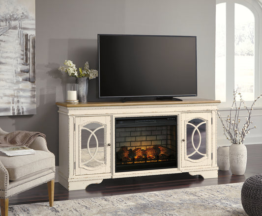 Ocala Furniture Outlet - Ashley Furniture - Realyn 74" TV Stand with Electric Fireplace - 74" TV Stand with Electric Fireplace / Chipped White - W743W2