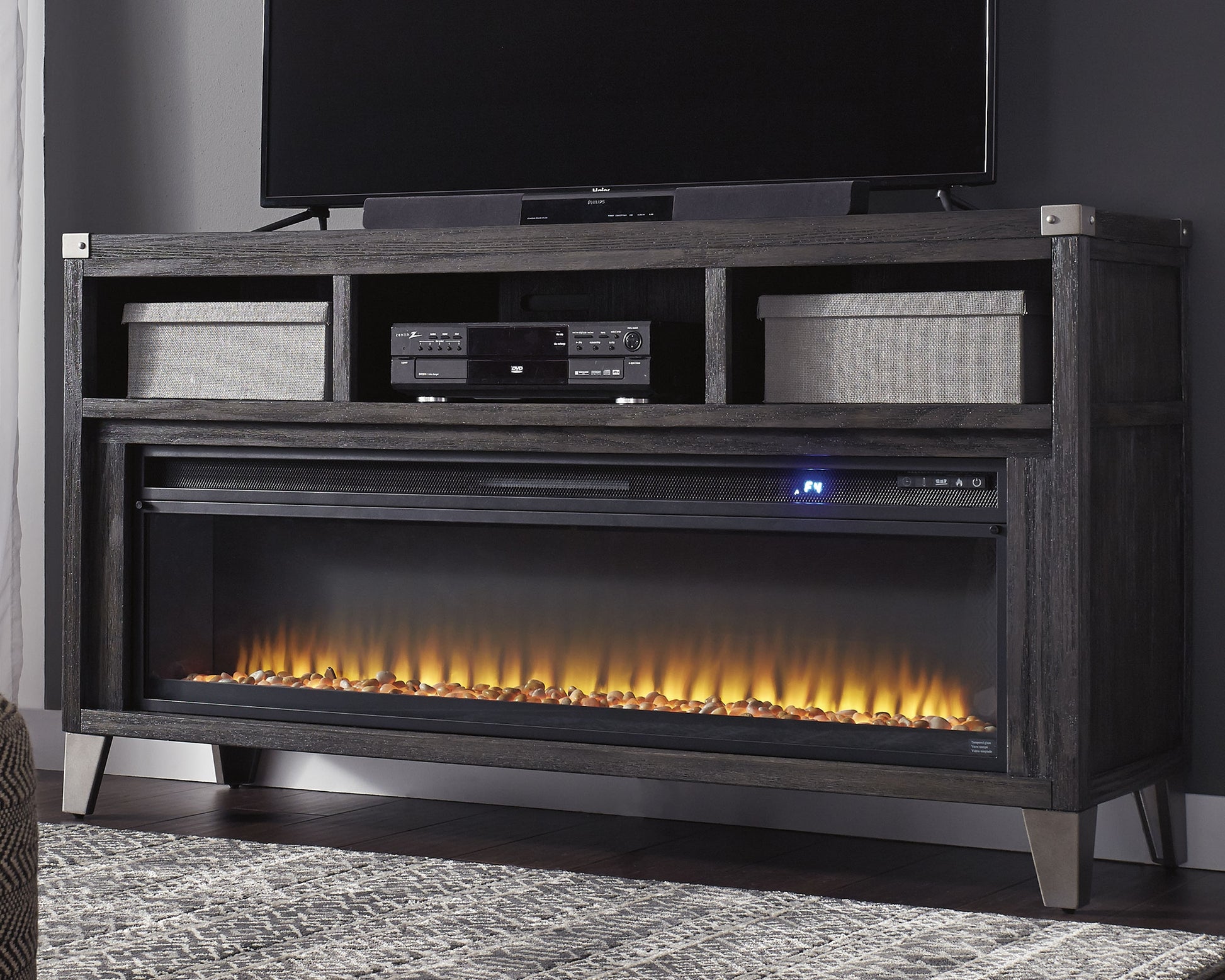 Ocala Furniture Outlet - Ashley Furniture - Todoe 65" TV Stand with Electric Fireplace - 65" TV Stand with Electric Fireplace / Gray - W901W1