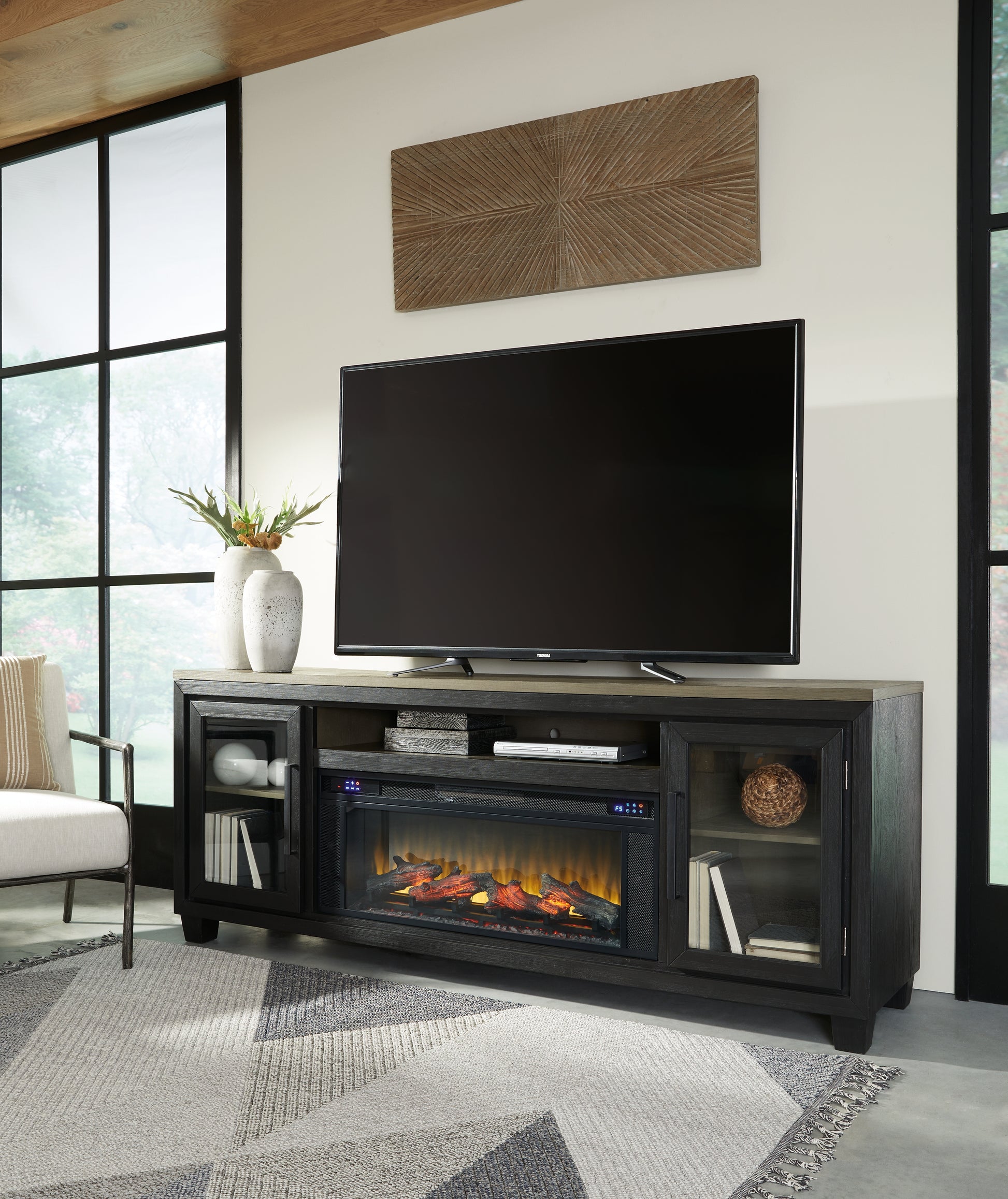 Ocala Furniture Outlet - Ashley Furniture - Foyland 83" TV Stand with Electric Fireplace - 83" TV Stand with Electric Fireplace / Black/Brown - W989W1